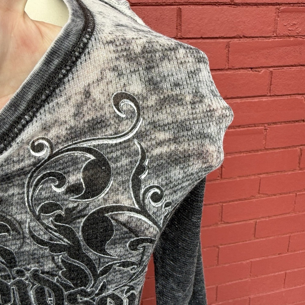 Harley Davidson Chrome Fade Sheer‎ Knit Shirt Women Small Pocket Long Sleeve - Picture 5 of 9
